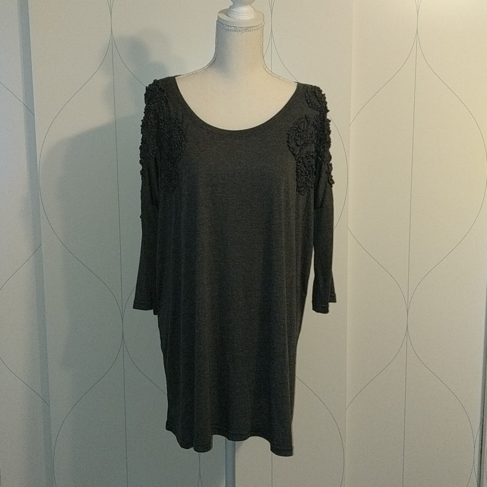 Tunic Length Gray Shirt with Floral Ruching Accent